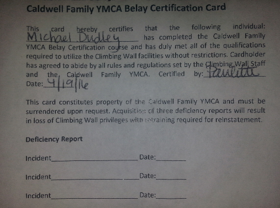 Belay YMCA Cert.